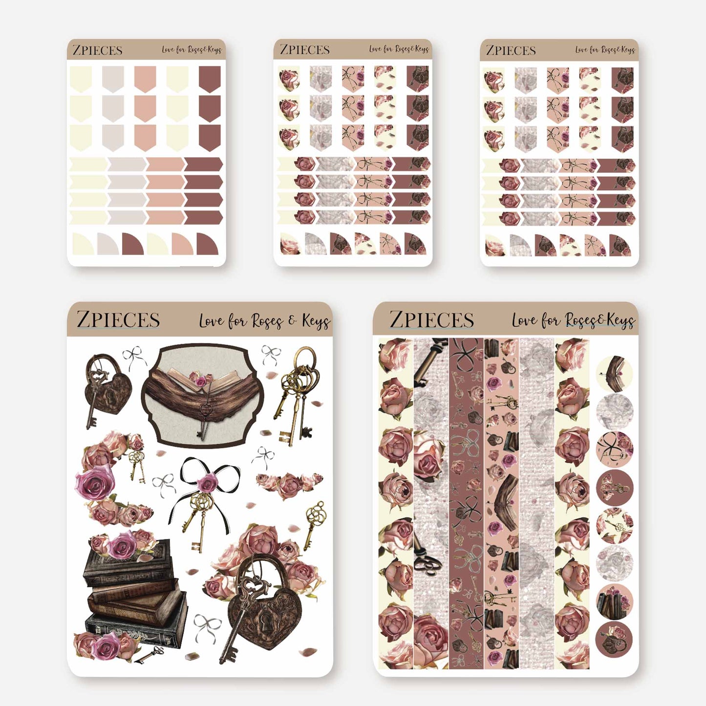 pink roses, keys, bows, romantic matte sticker sheet set